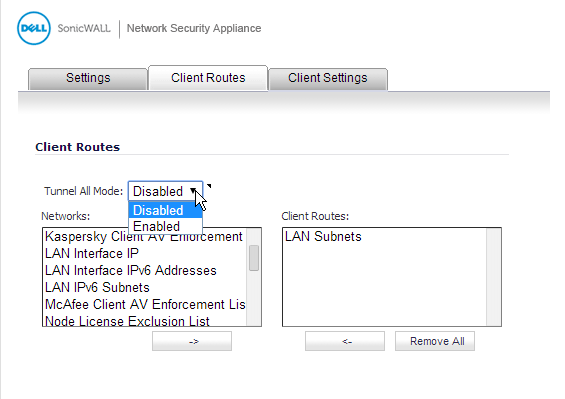 sonicwall ssl vpn client settings different
